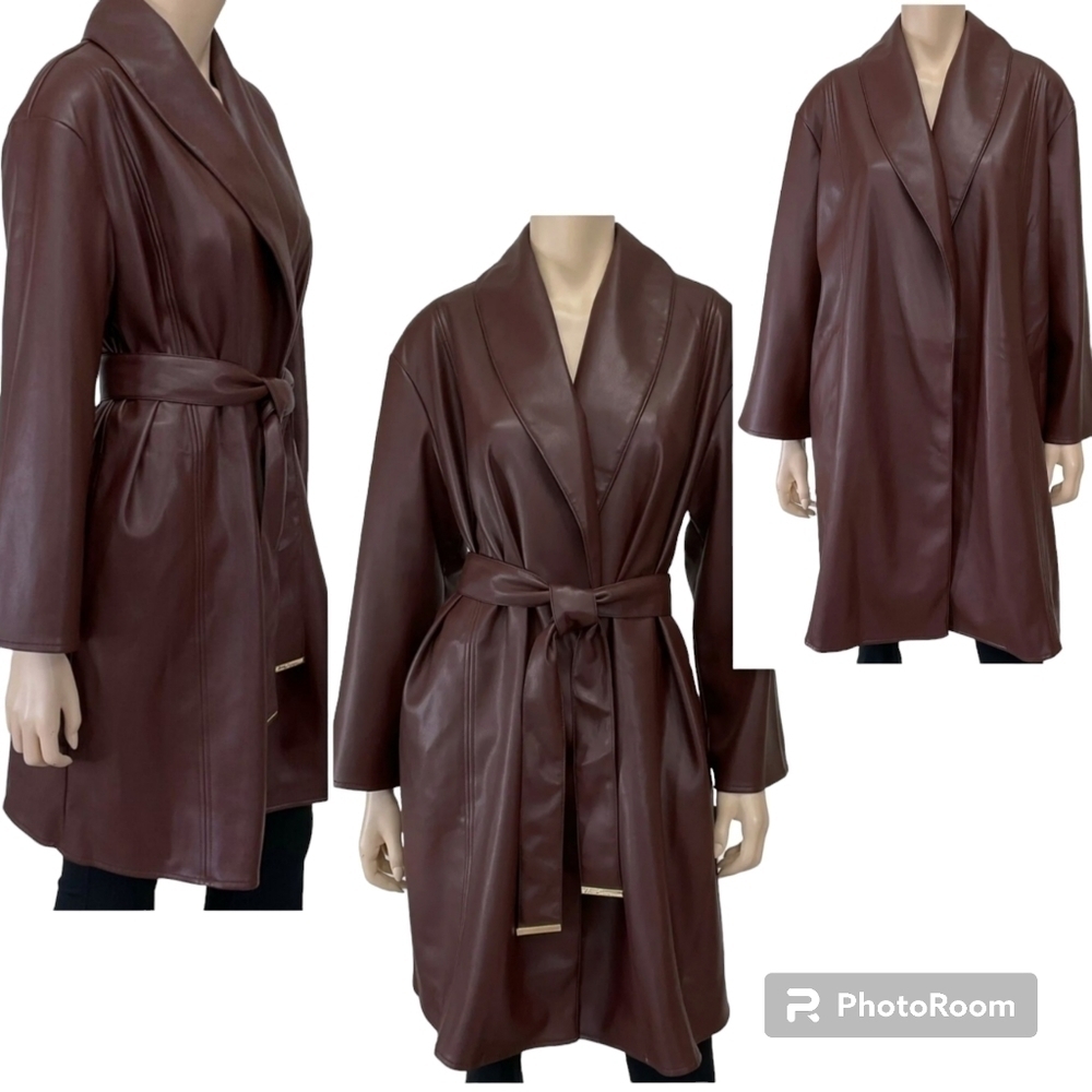 Kenneth Cole vegan leather belted trench coat